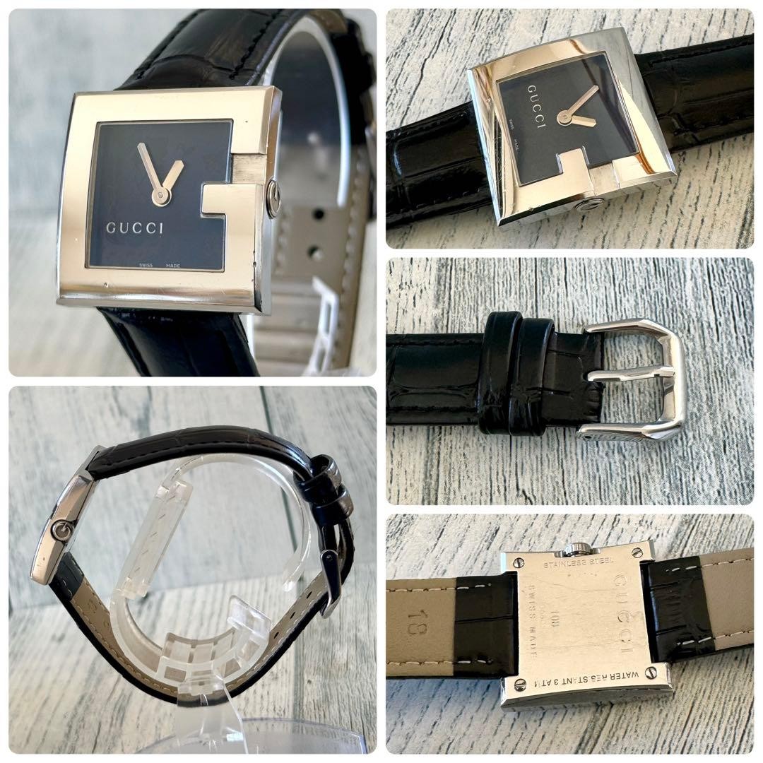 GUCCI 108 G-Frame Square 28mm Quartz Stainless Black Silver Ladies Watch