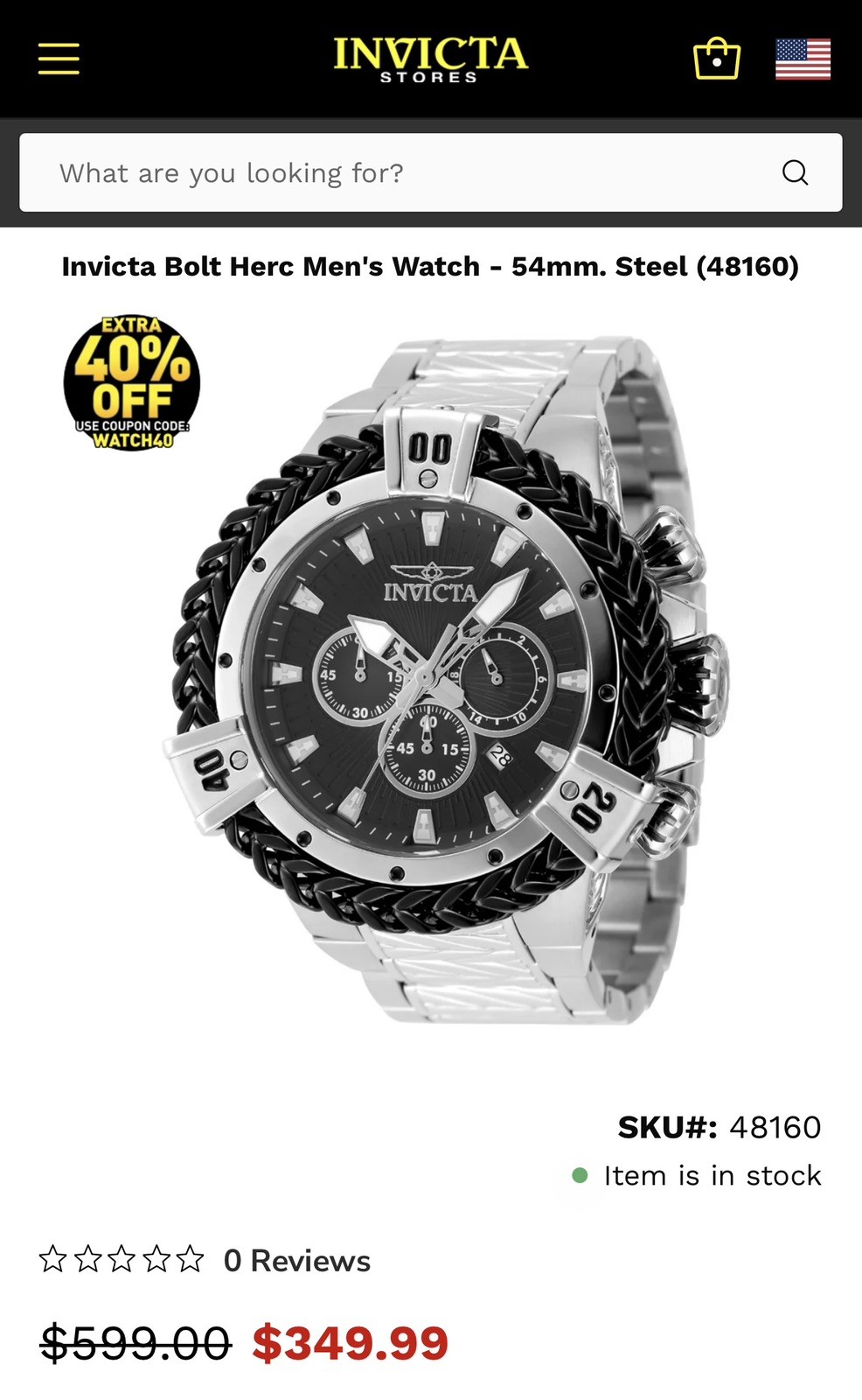 Invicta Bolt Herc 48160 Chronograph 54mm Black Stainless Steel Men’s Watch