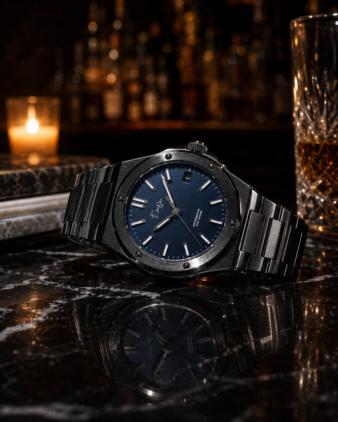 Custom Élan Noir Day-Mark Auto NH35 Watch Navy Blue Dial Sapphire Steel 41mm