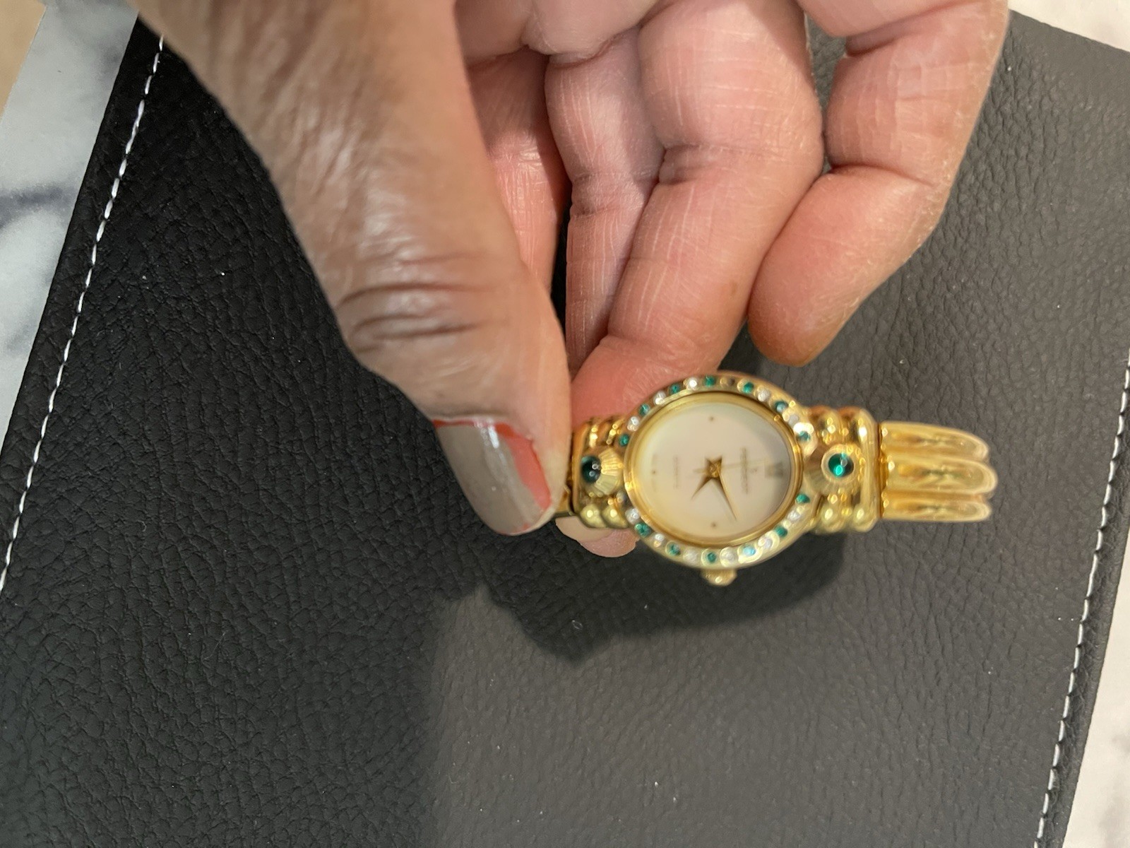 Gold-Tone Gem-Set Bangle Wristwatch with Green Stones & White Dial Analog
