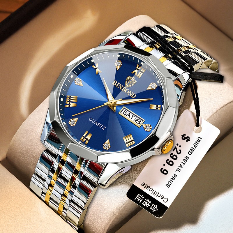 Men’s Business Stainless Steel Quartz Watch Dual Calendar Butterfly Clasp 41mm