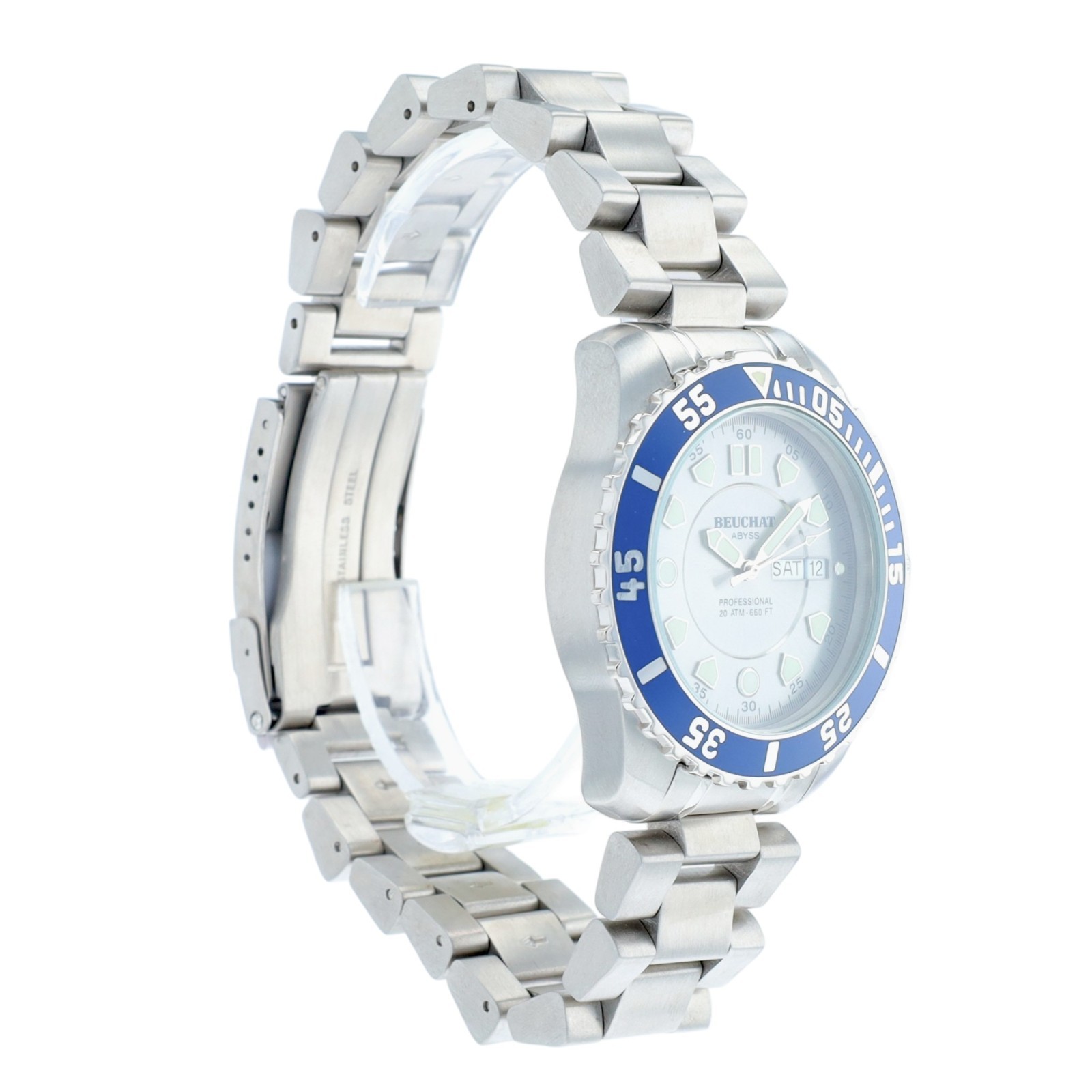 Beuchat Abyss Professional Mens Gray Blue Watch 200M Swiss Diver Steel Day Date