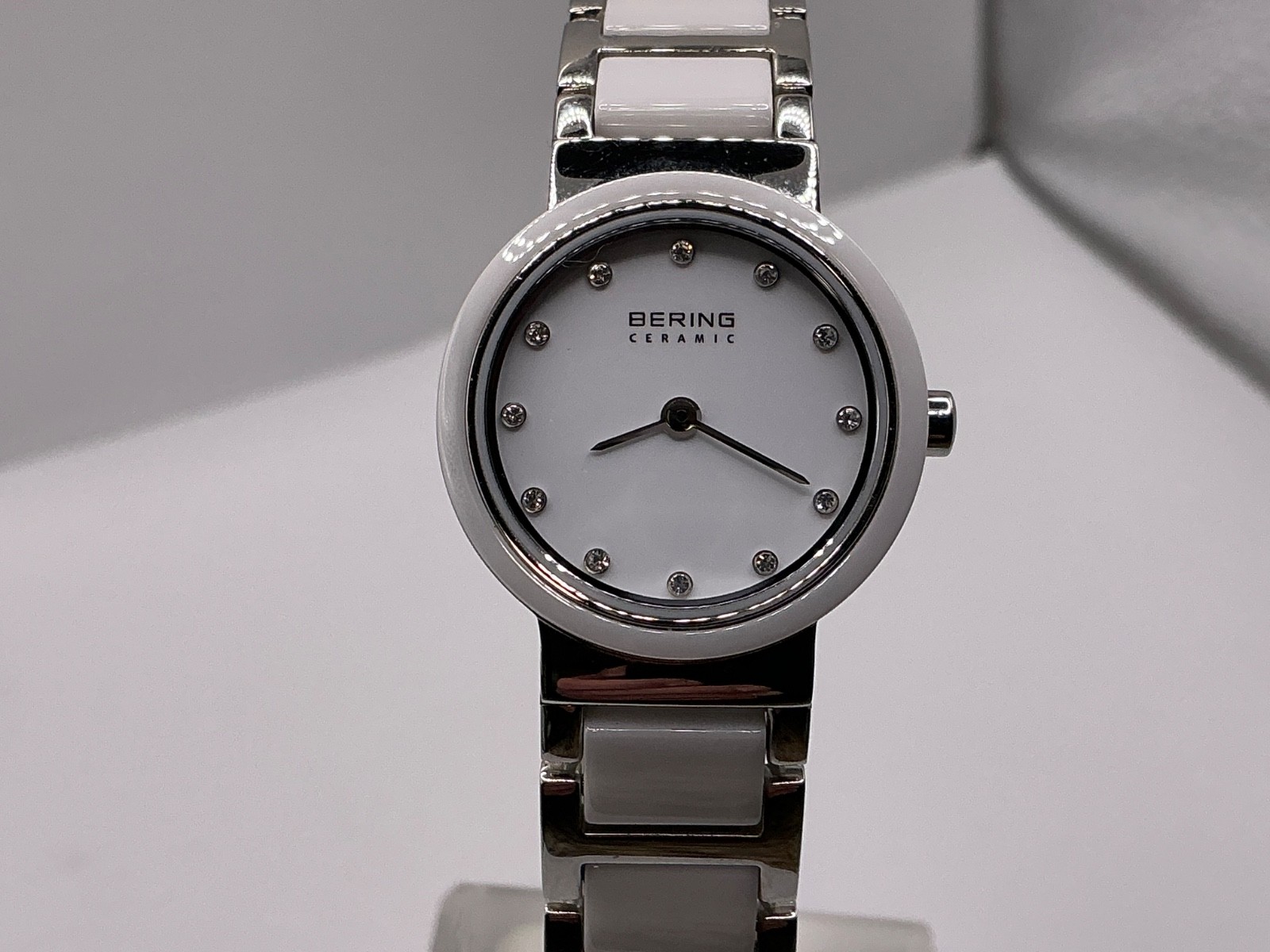Bering Time Diamond Dial White Ceramic Link Ladies 25MM Quartz Watch 10725-754