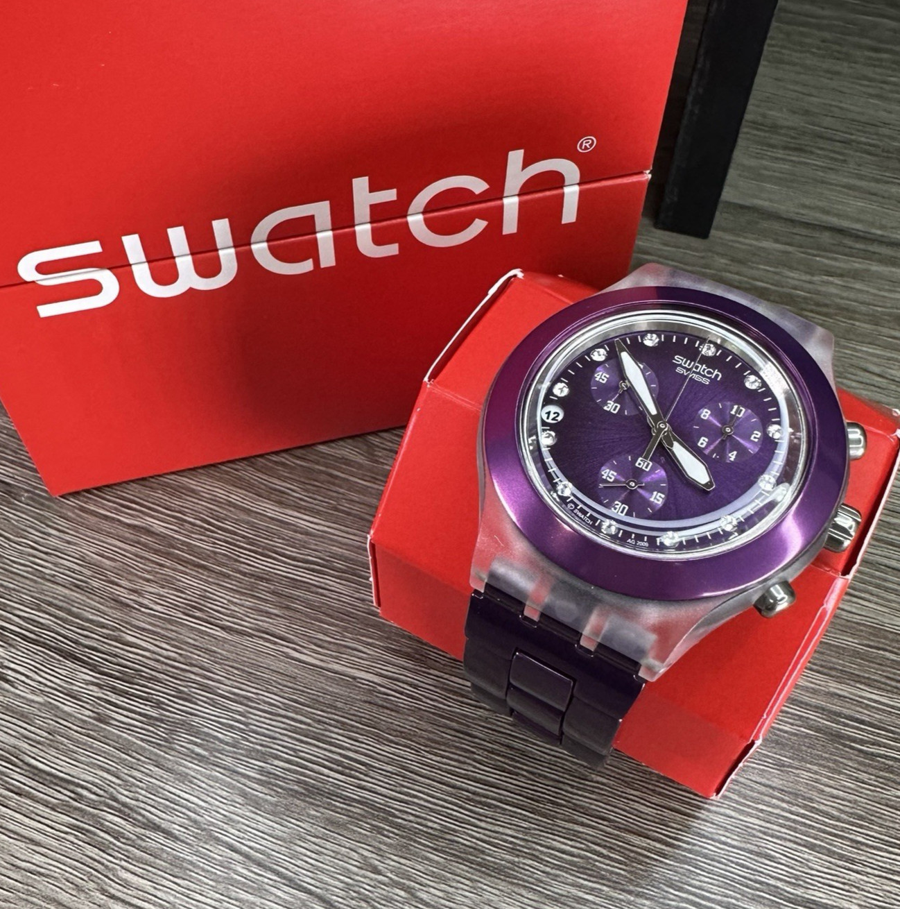 NEW✅ SWATCH IRONY FULL BLOODED PURPLE CHRONO ALUMINUM 43MM WATCH SVCK4048