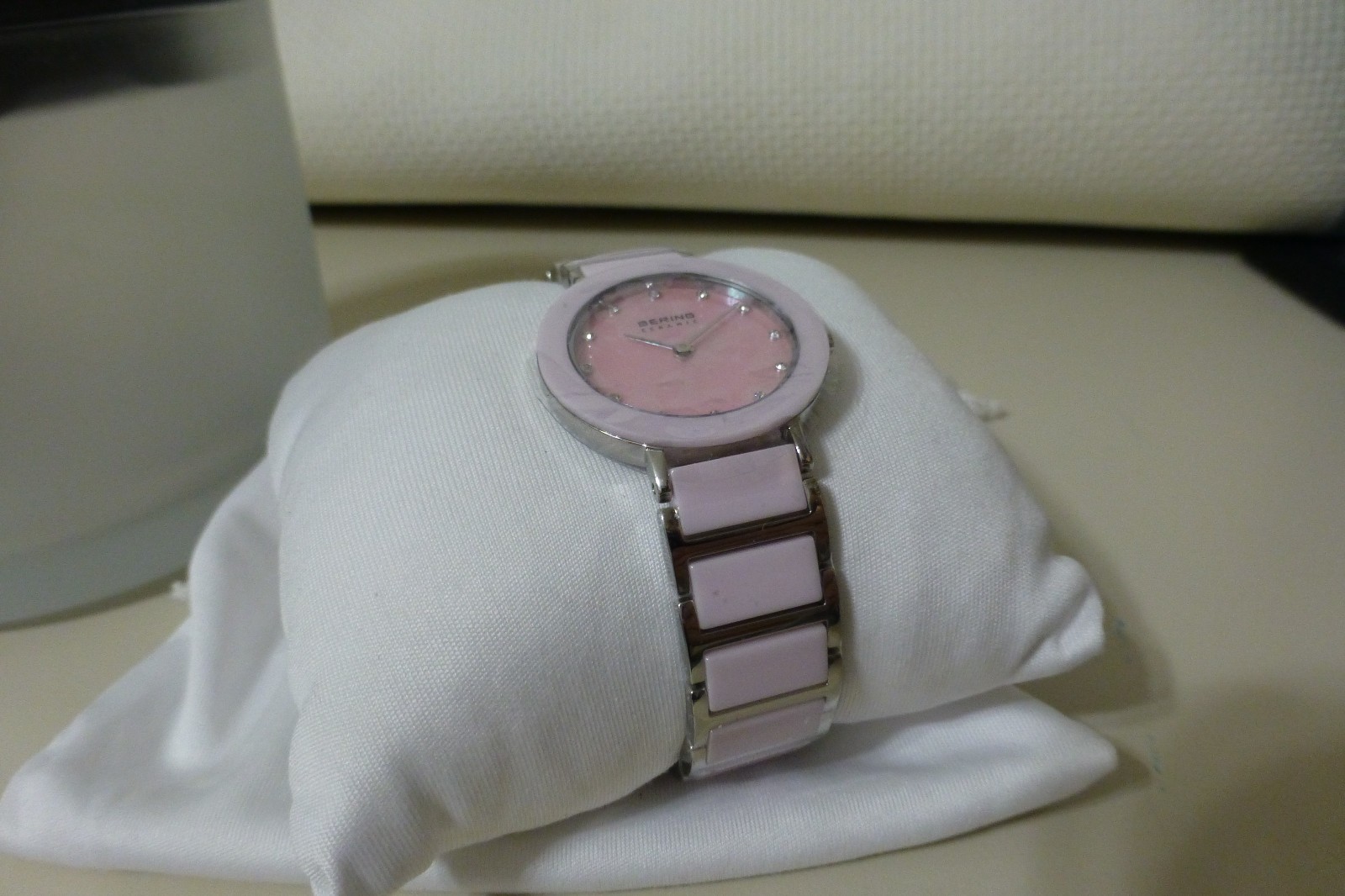 Bering Ceramic Silver Steel and Pink Ceramic Links Women’s Watch. 11422-999