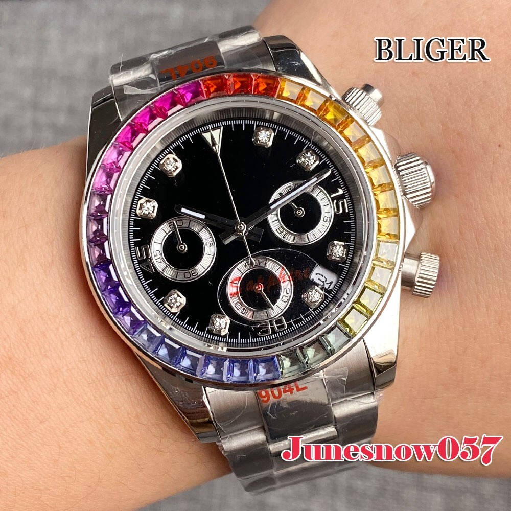 Bliger Men Watch Black Dial Quartz Chronograph Date Function Multicolour Bezel