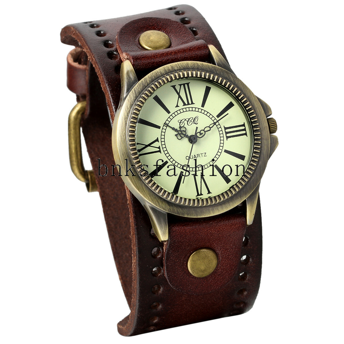 Unisex Vintage Round Dial Leather Strap Cuff Roman Numeral Analog Quartz Watch