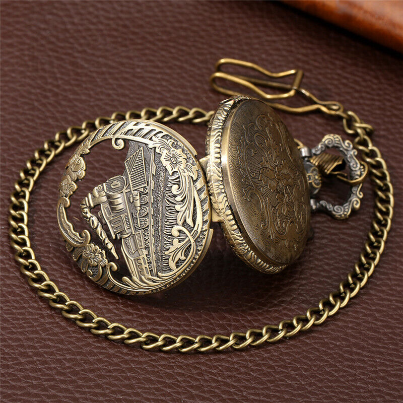 Steampunk Train LED Display Unisex Quartz Pocket Watch Antique Pendant Fob Chain
