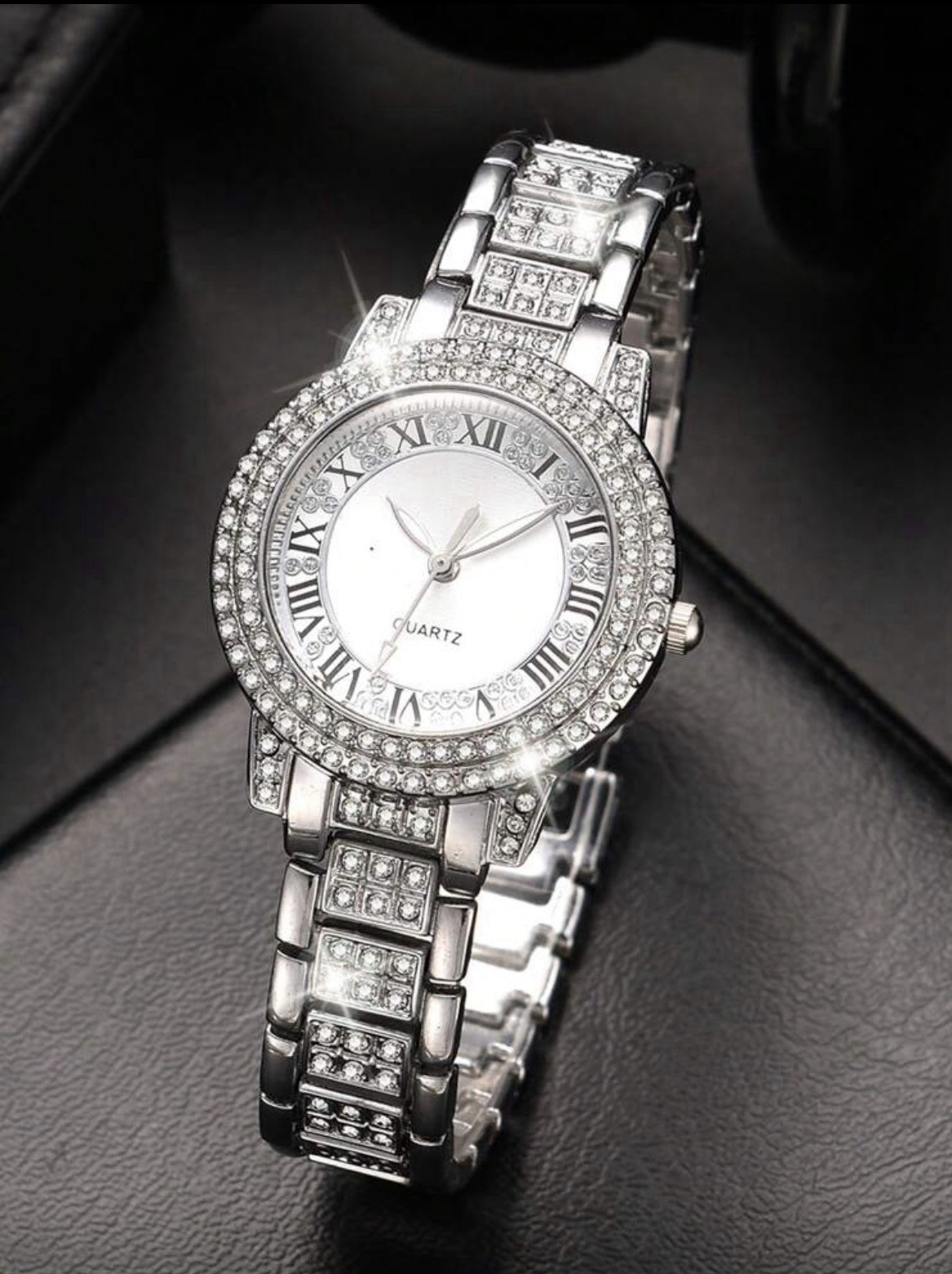 Silver Metal Bracelet Wristwatch Roman Numerals Gem-Set Bezel Analog Women