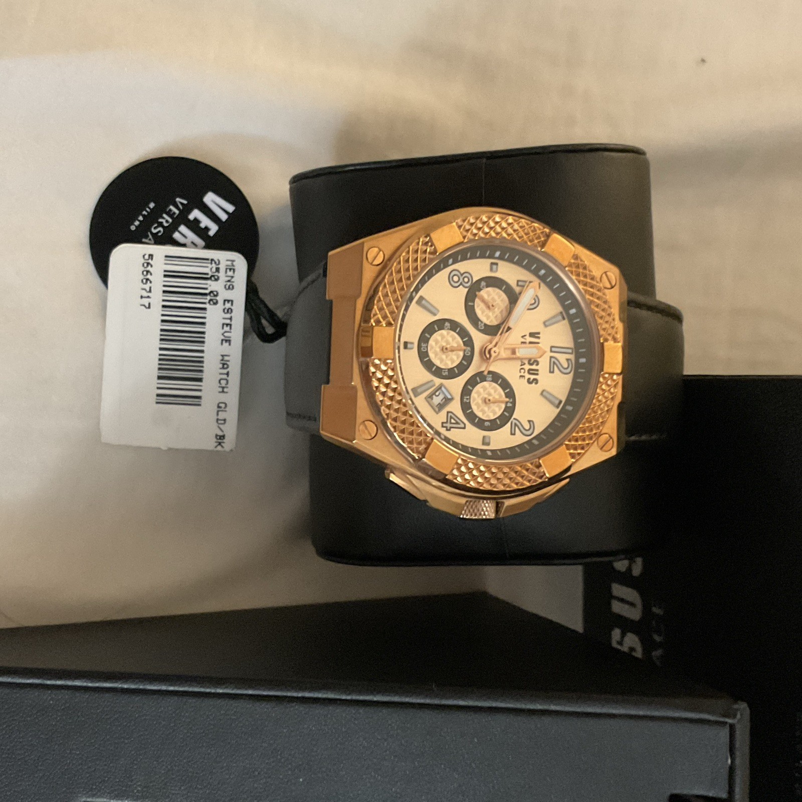 Versus Versace VSPEW0319 Esteve 46mm Gold Black Leather Watch New