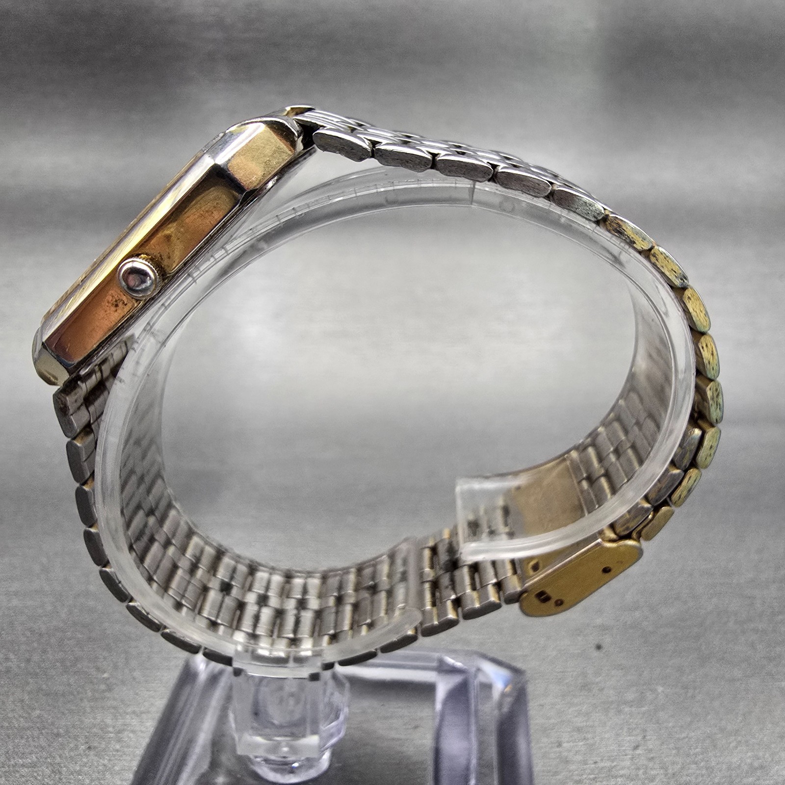 Seiko Watch Men 27mm Silver Dial Two Tone Rectangle V701-5J40 New Battery VTG