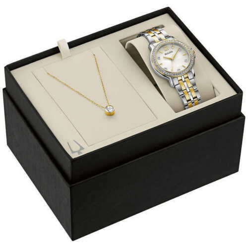 Bulova 98X127 Swarovski Crystal MOP Dial Watch & Crystal Stud Necklace Set