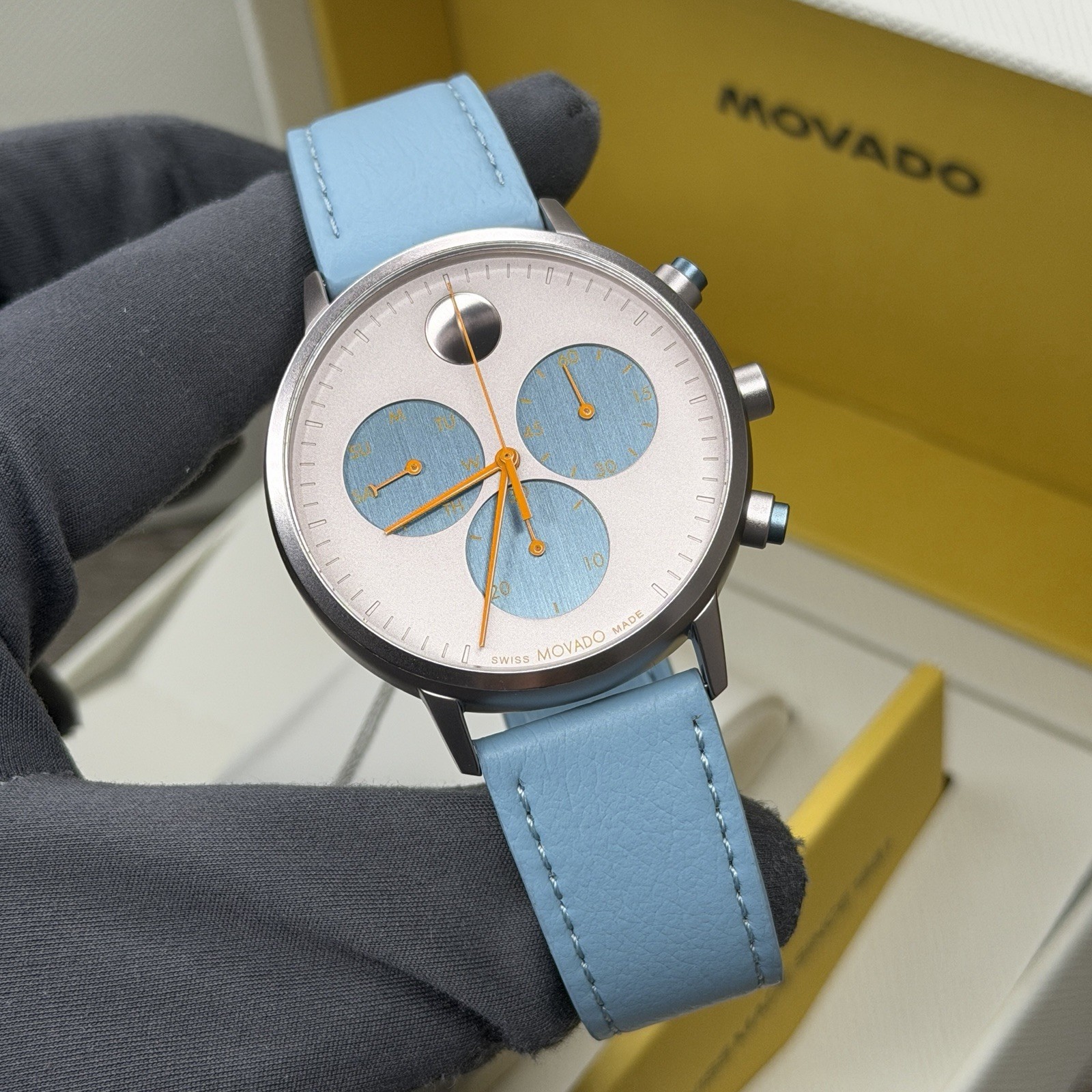 NEW✅SWISS✅ Movado FACE Silver Dial Blue Leather Chrono Aluminum Watch 3640148