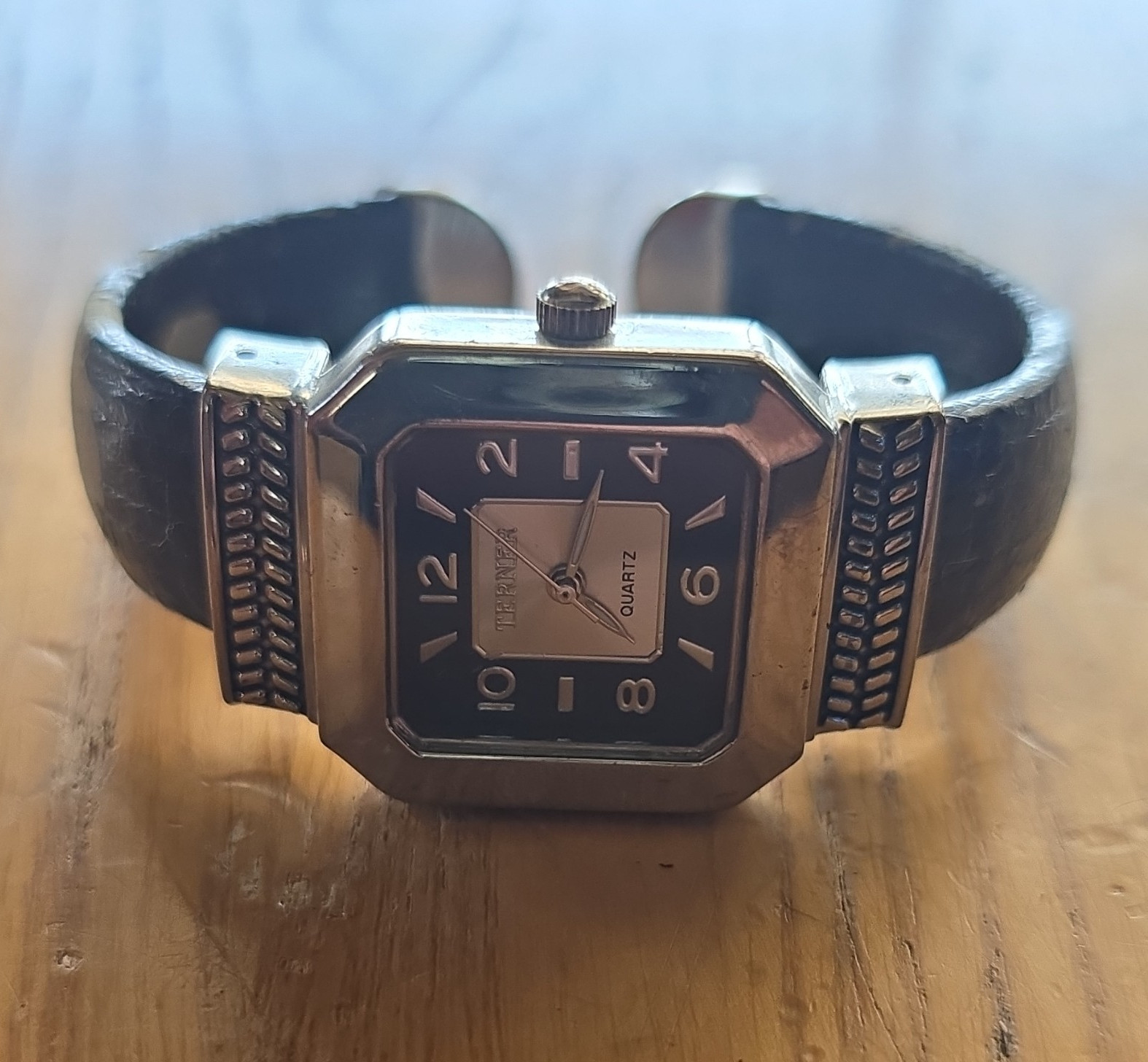 Ternner Bijoux Quartz Men’s Square Analog Watch Black Leather Bangle Silver