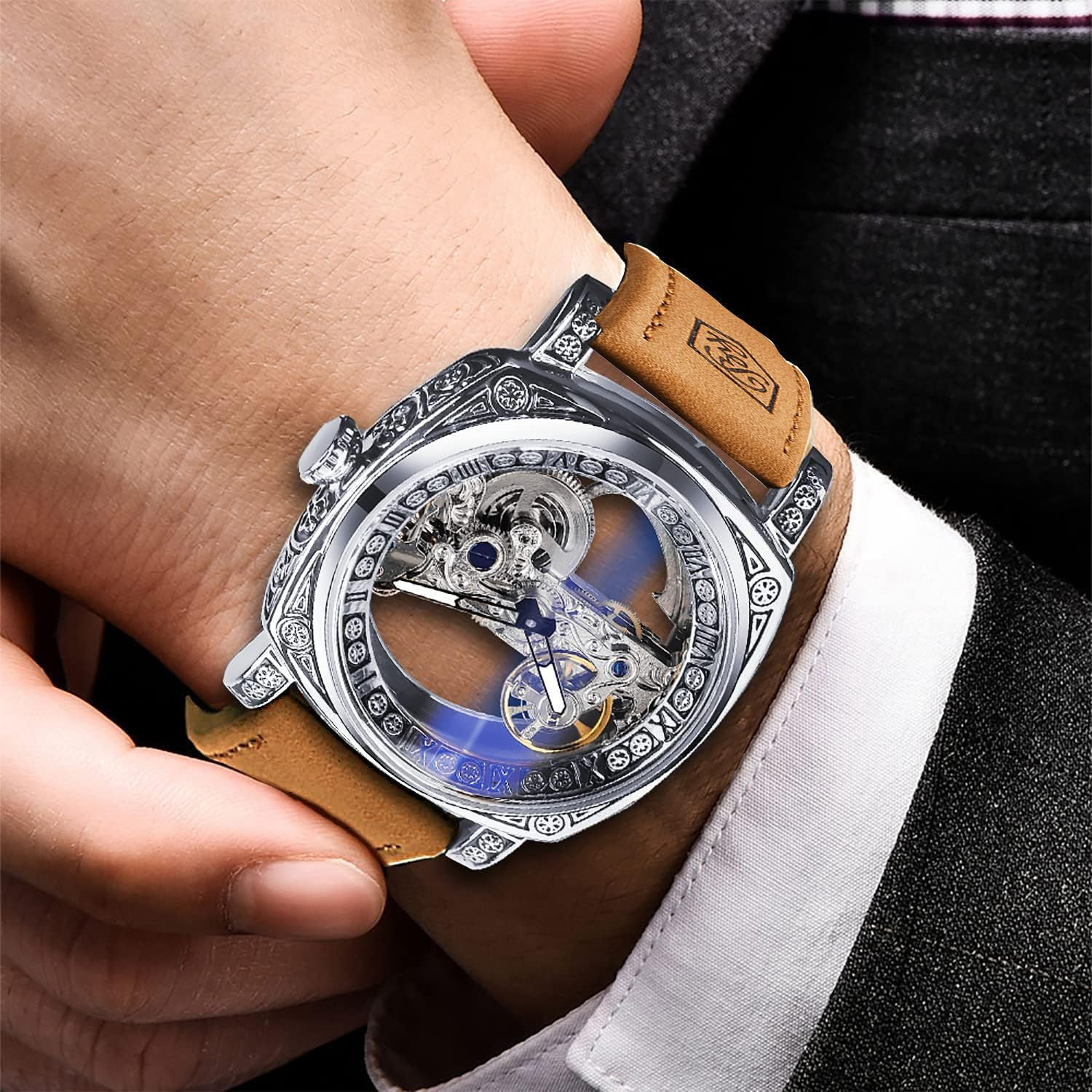 Men’s Luxury Hollow Skeleton Automatic Watch with Vintage Leather Strap