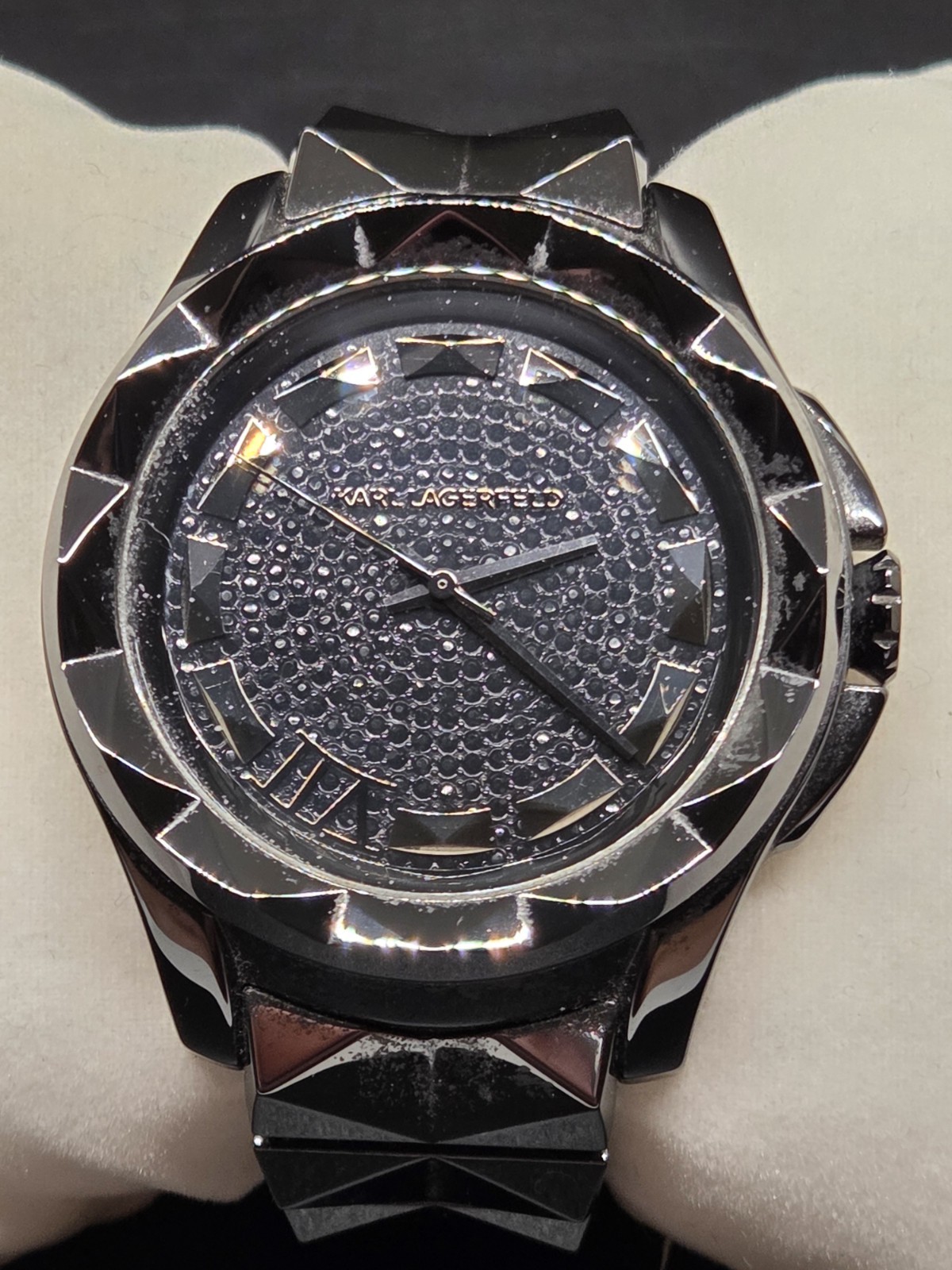 Rare Karl Lagerfeld Stainless Black Pyramid Stud Analog KL-1027 Watch AS IS