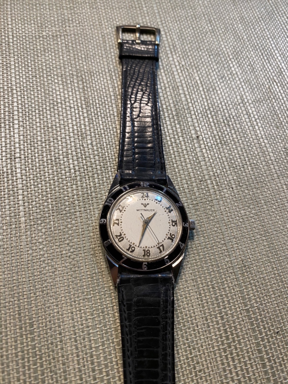 RARE ALL S. S. Wittnauer w/Enamel Bezel, 24Hr Guilloche Dial Watch; Runs well!