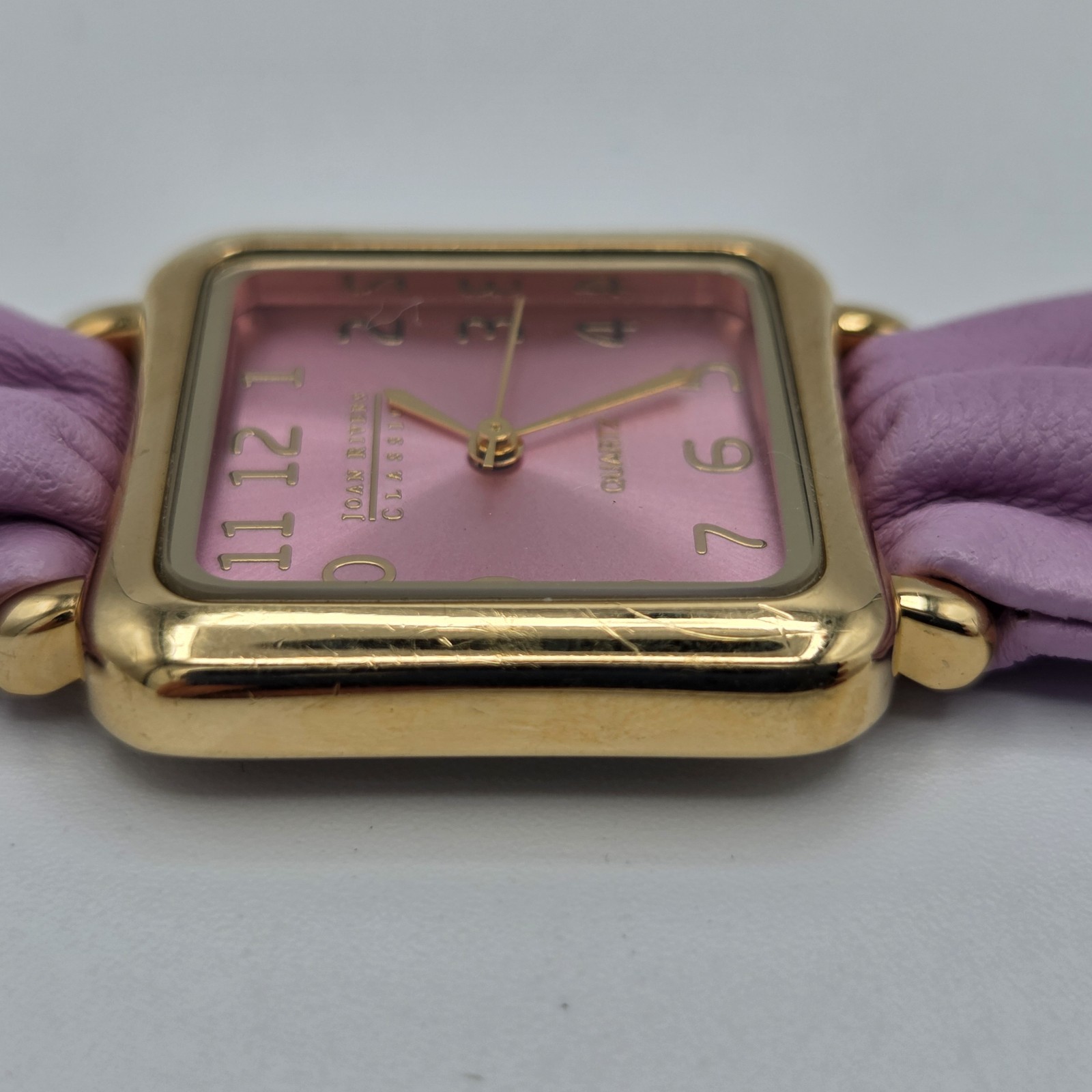 Joan Rivers Classics Watch Square Goldtone Case Pink Dial Purple Leather Band