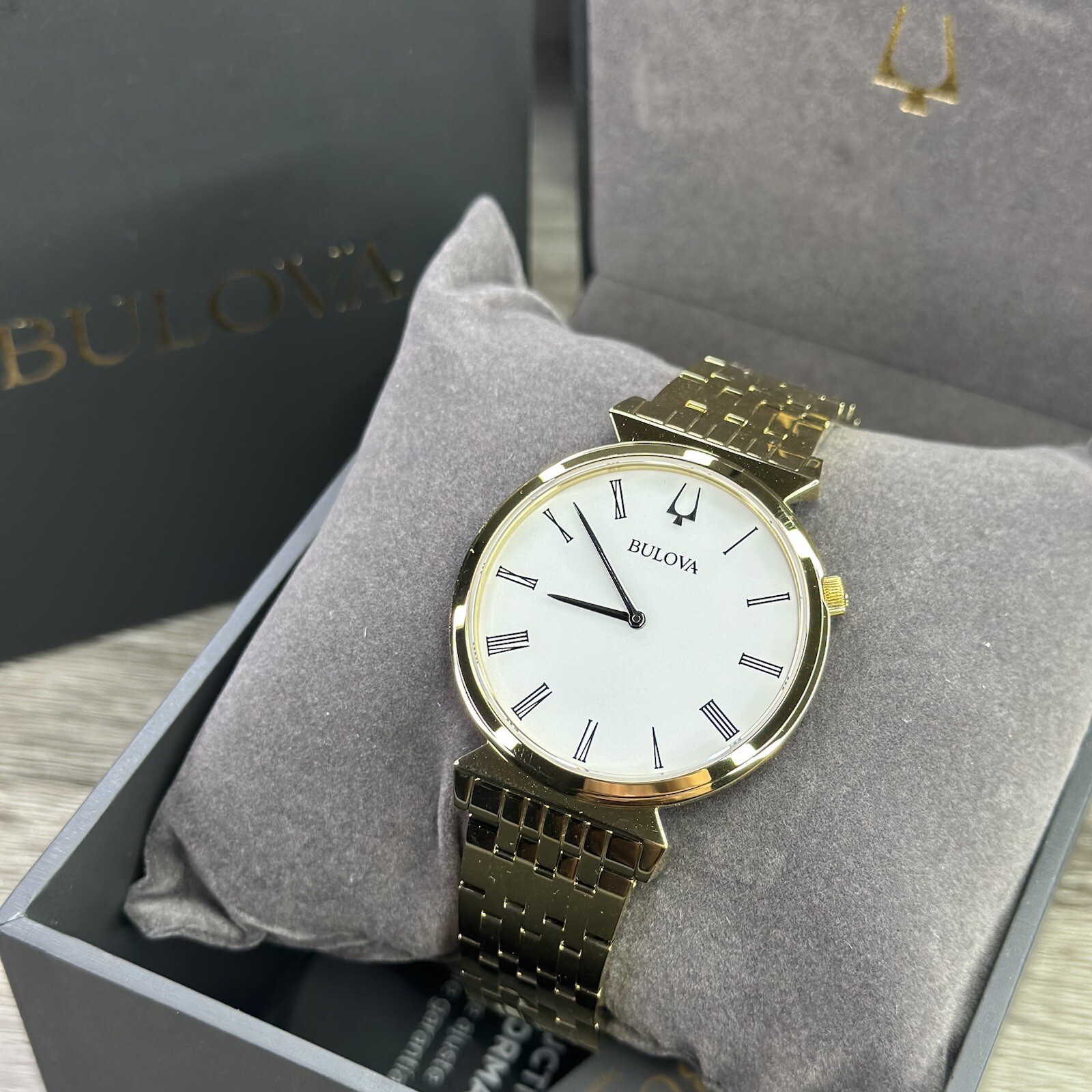 NEW✅SLIM✅ Bulova Regatta Gold Stainless Steel Roman Numerals Men’s Watch 97A153