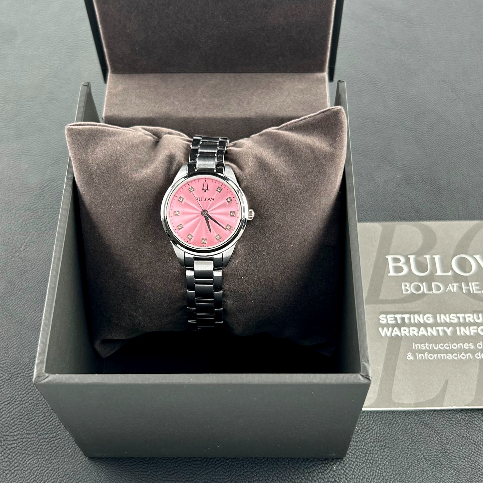New w/box Bulova Sutton Diamond Pink Dial Women’s 28mm Quartz Watch 96P249
