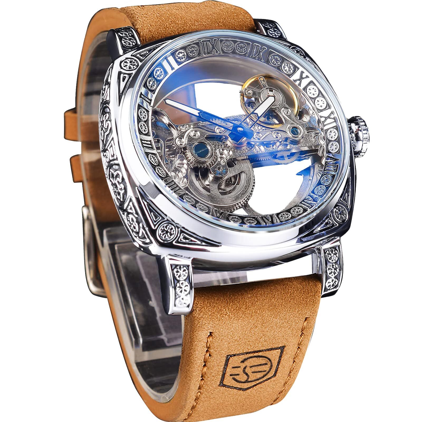FORSINING Men’s Luxury Square Carving Mechanical Watch Retro Totem Double Sid…