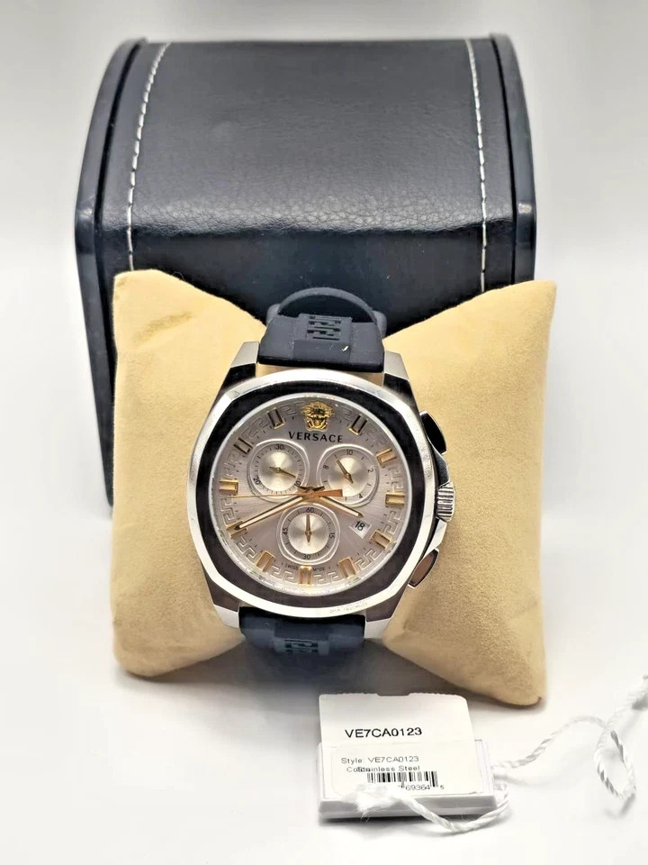 Versace Men’s Swiss Chronograph Geo Black Silicone Strap Watch 43mm