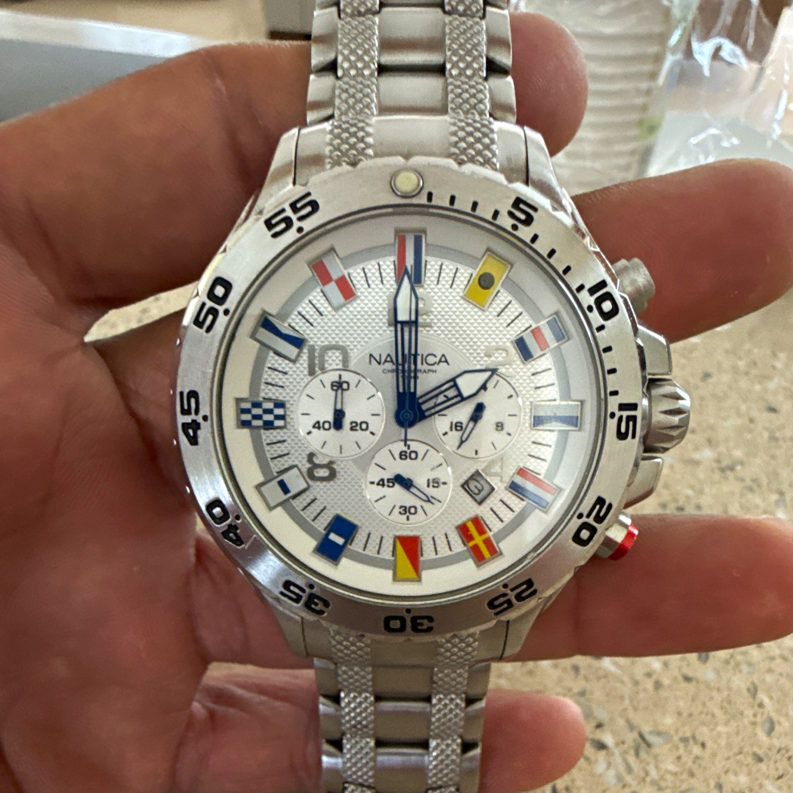 Nautica Quartz Chronograph Date 100m White Dial Silver Steel Bracelet 45mm