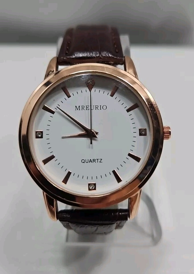 Mreurio White Dial Rose Gold Tone Case Brown Leather Band MensWatch New Battery