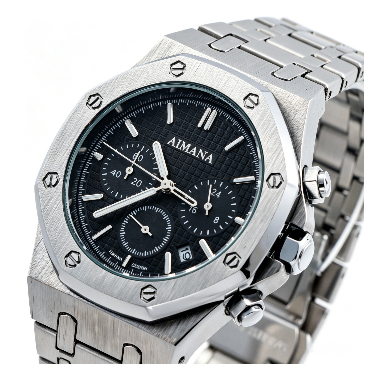 VORSEL Mens Quartz Chronograph Watch Black Dial Stainless Steel Band 43mm
