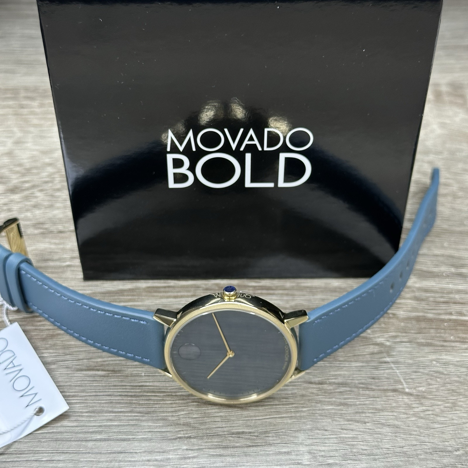 NEW✅SWISS✅ Movado FACE Gray Dial Teal Blue Leather 41mm Gold Men’s Watch 3640124