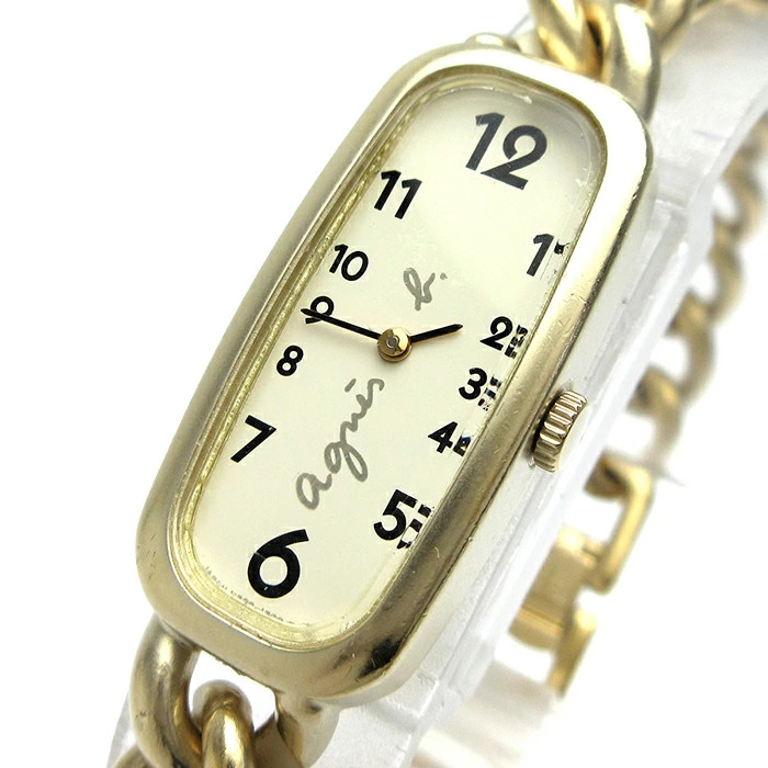 Used agnes b Chain Watch Ladies Gold Ivory Dial V220 6040 Watch Women’s Quartz W