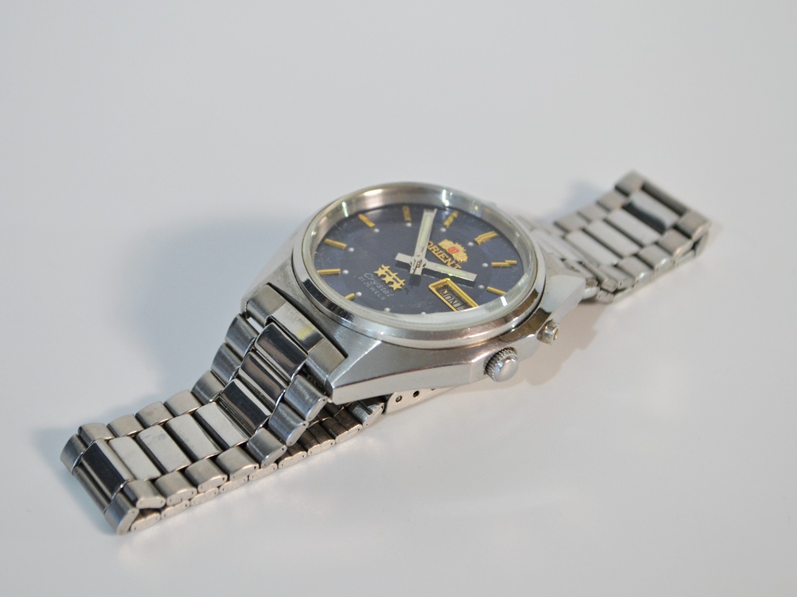 Vintage Orient 3 Star Automatic Watch Day Date Blue Dial 21 Jewels Japan
