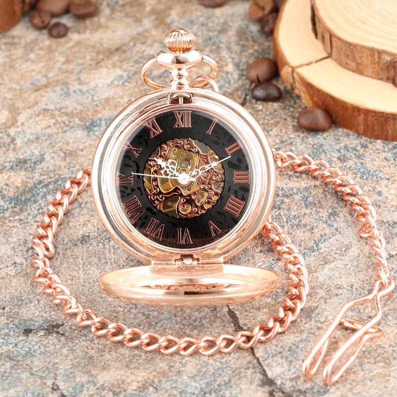 Steampunk RoseGold Skeleton Mechanical Pocket Watch Roman Dial Wedding Gift