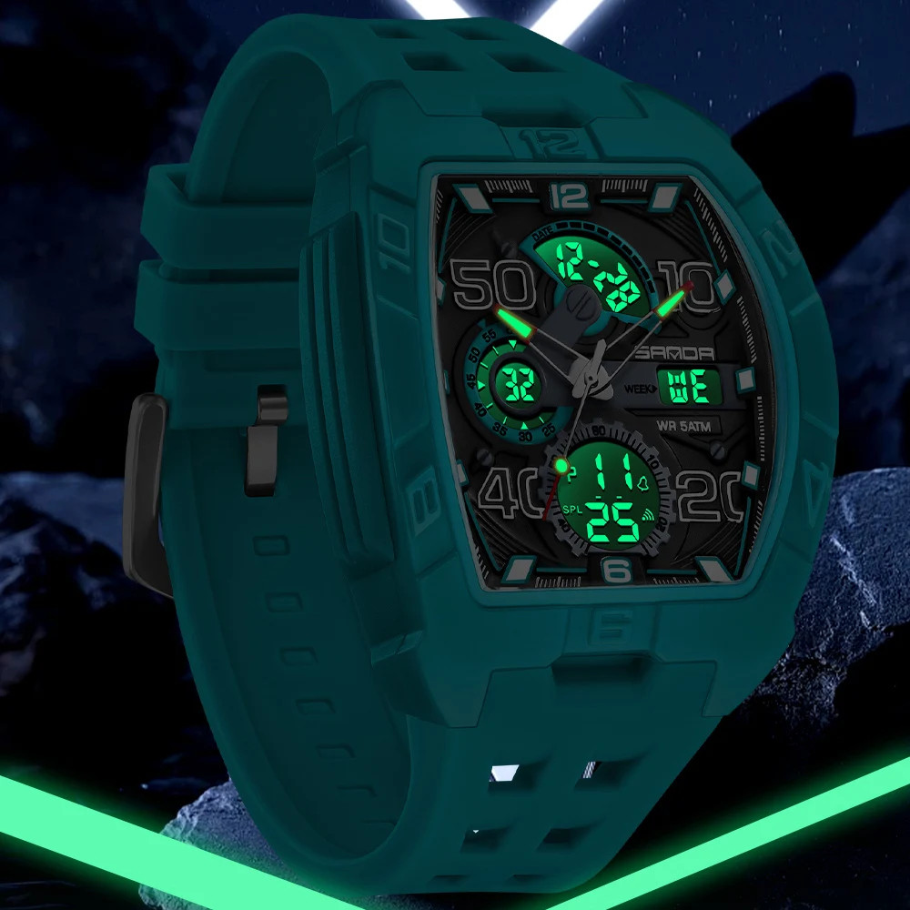 SANDA Fashion Men’S Dual Display Sport Digital Watch TPU Large Dial Luminous Chr
