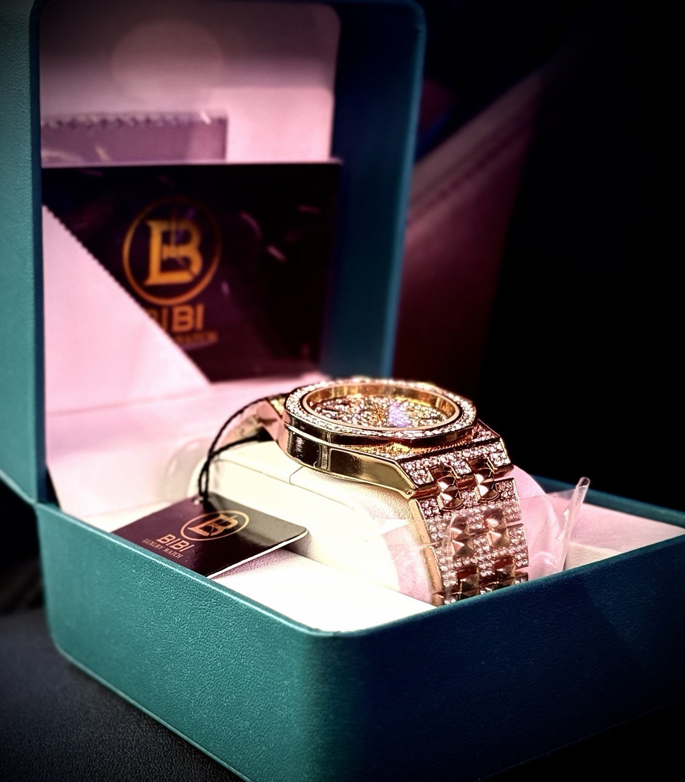 BIBI Luxury Gold-Tone Quartz Date Analog Crystal Bracelet Watch Box