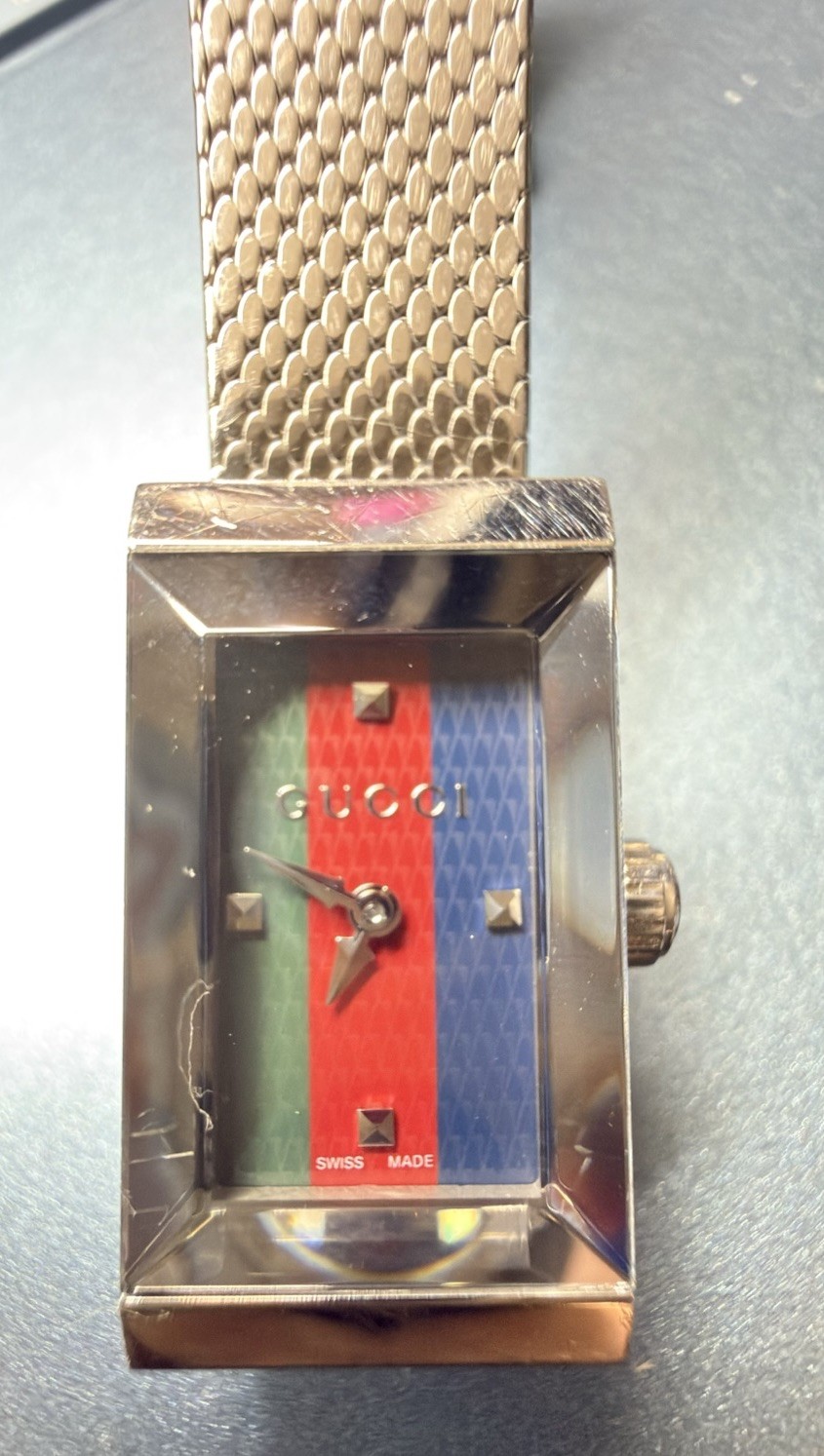 Authentic Gucci G-Frame Women’s Watch red green blue dial steel mesh band