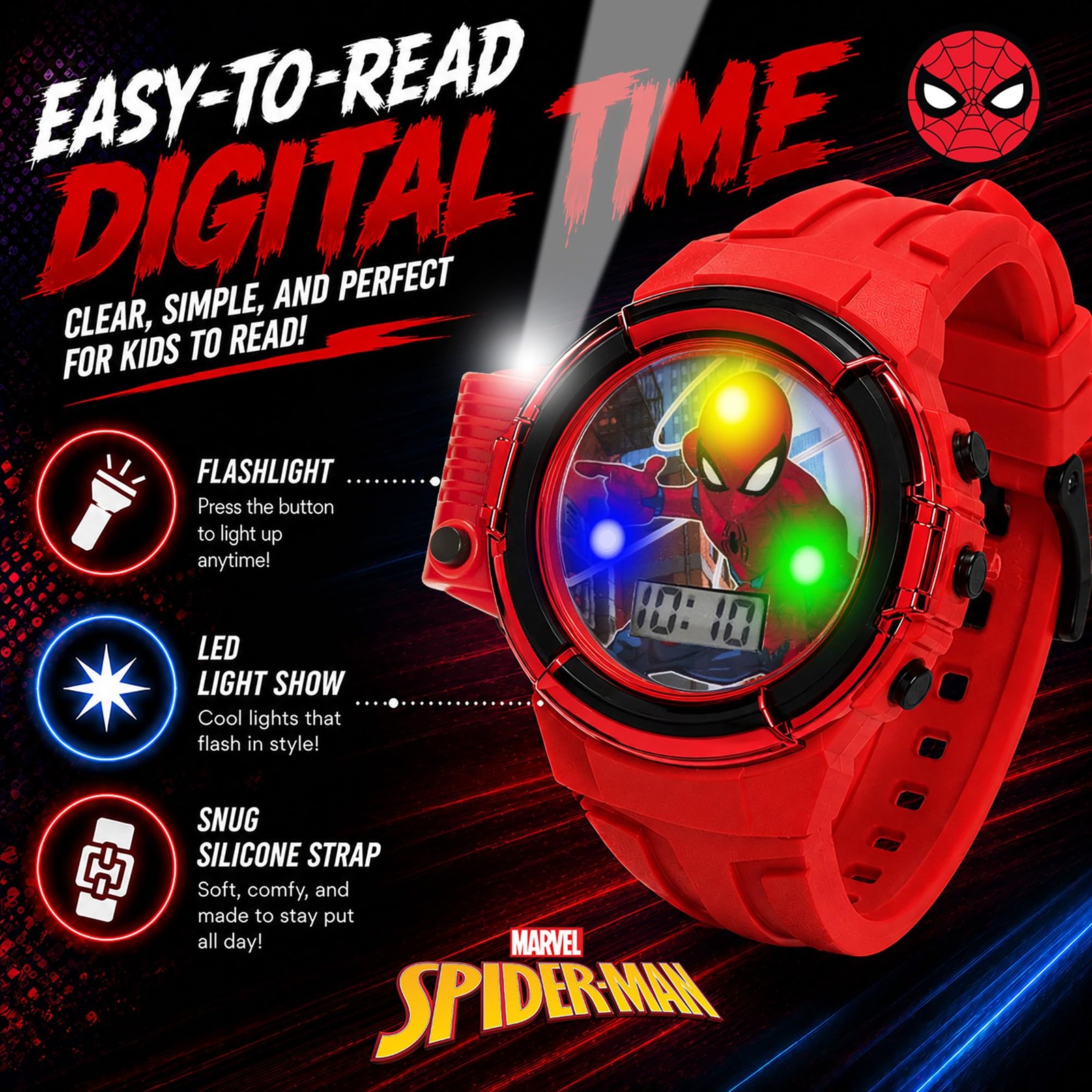 Marvel Spider-Man Flashlight Watch for Kids – Light-Up Fun with LCD Display, LED