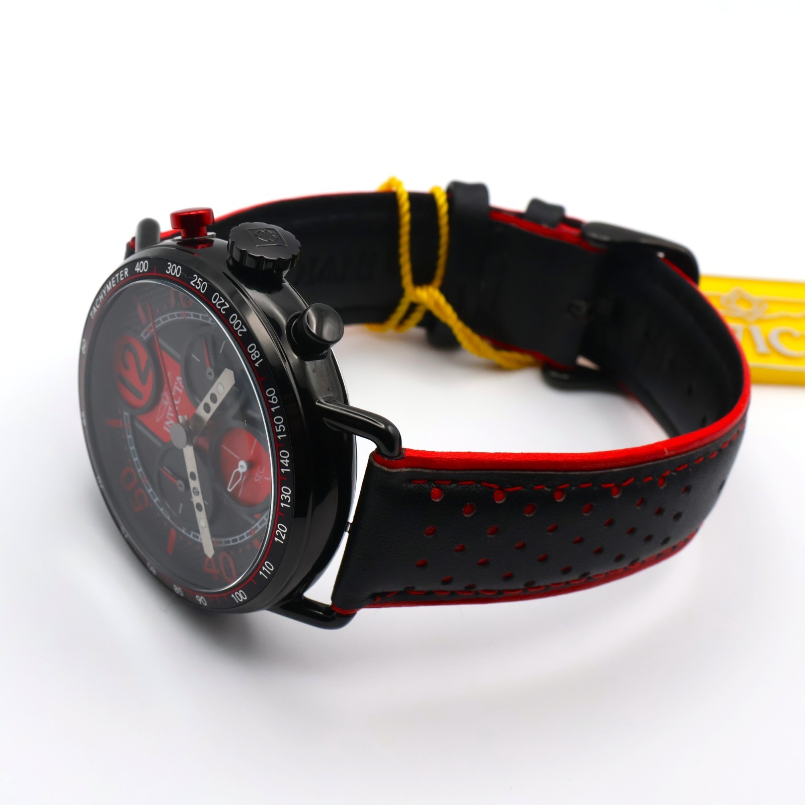 Invicta Racing Chronograph 49366 44mm Black Red Dial Leather Strap Date Quartz