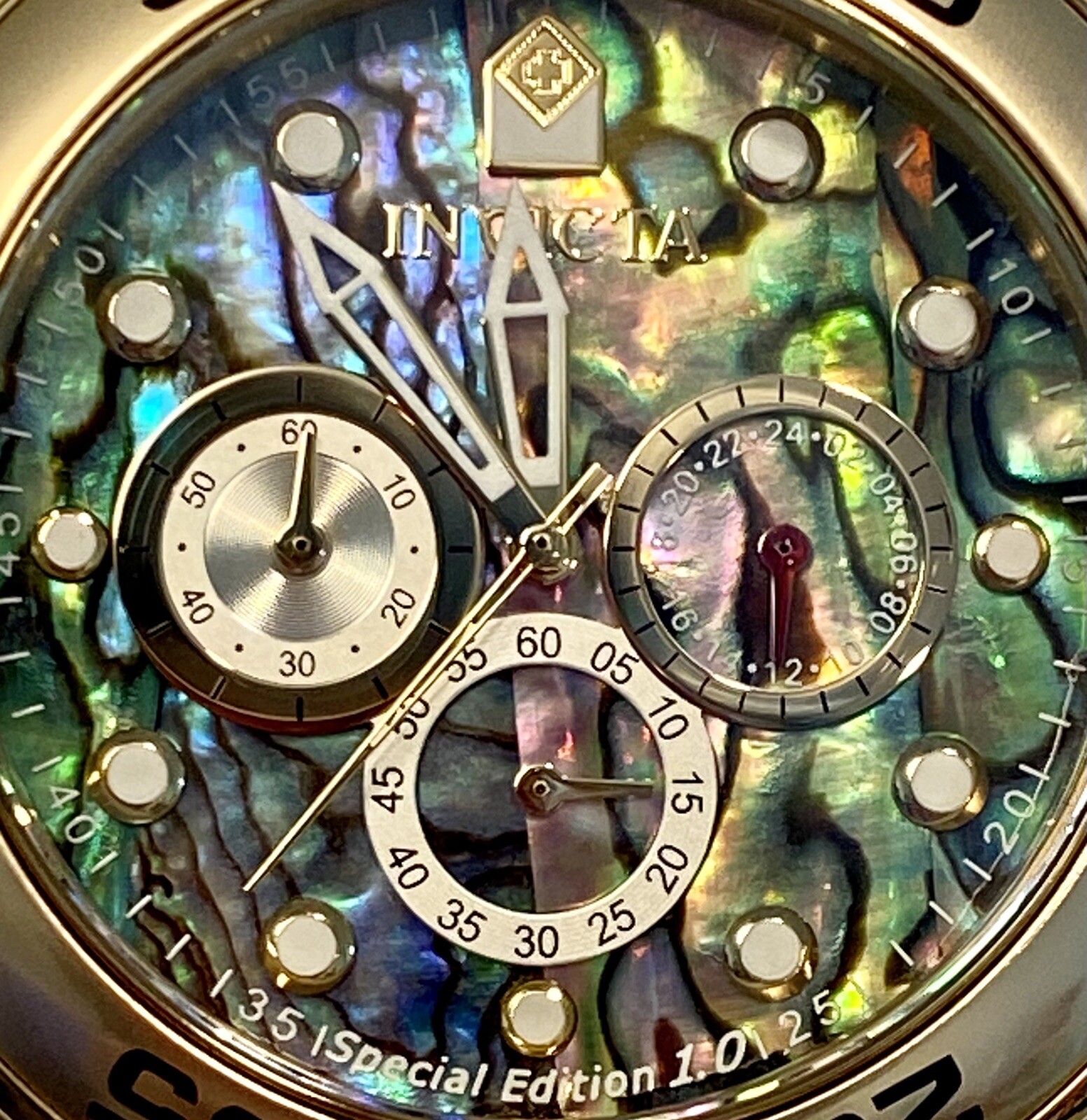 Invicta Abalone 48mm Goldtone Pro Diver Scuba Chrono Bracelet Quartz Mens Watch