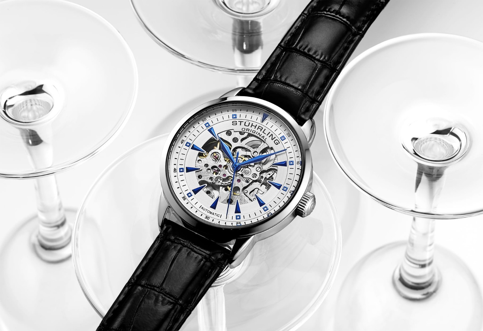 Men’s Skeleton Automatic Dress Watch, Alligator Embossed Leather Strap, Skeleton