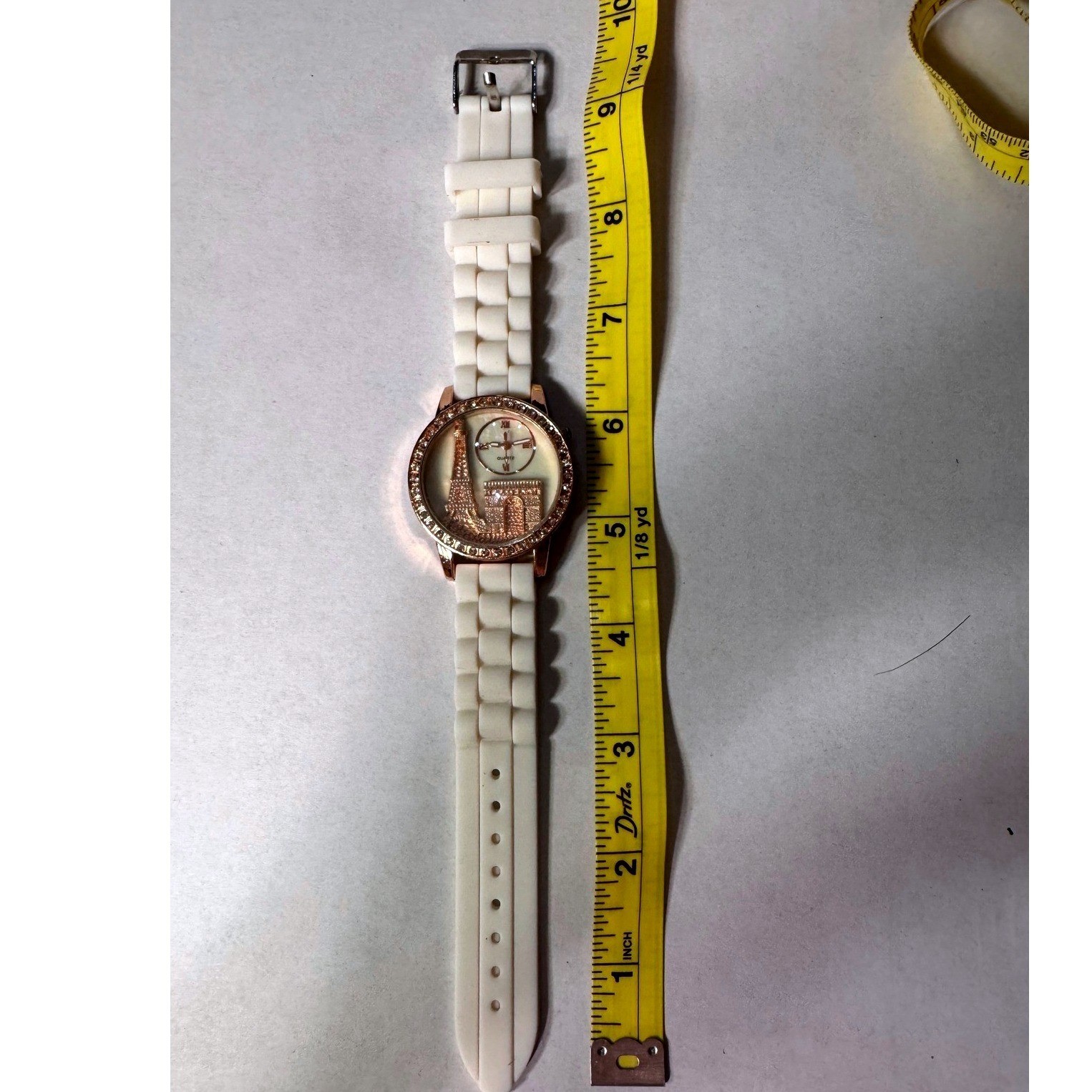 Paris Eiffel Tower Rose Gold Rhinestone Quartz Watch White Silicone Band