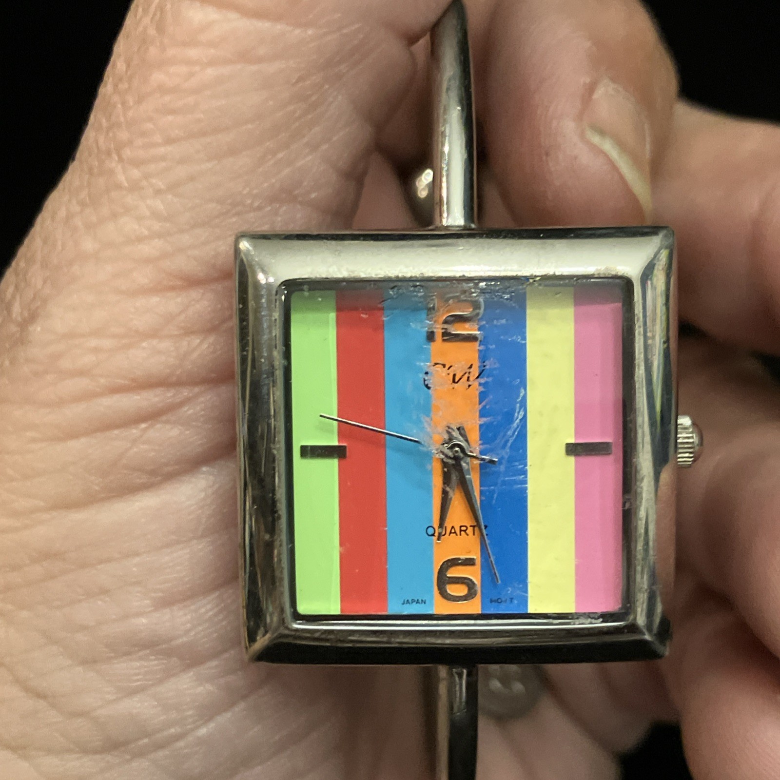 CW Red Green Blue Yellow Square Face Striped Rainbow Watch Stainless Steel Works