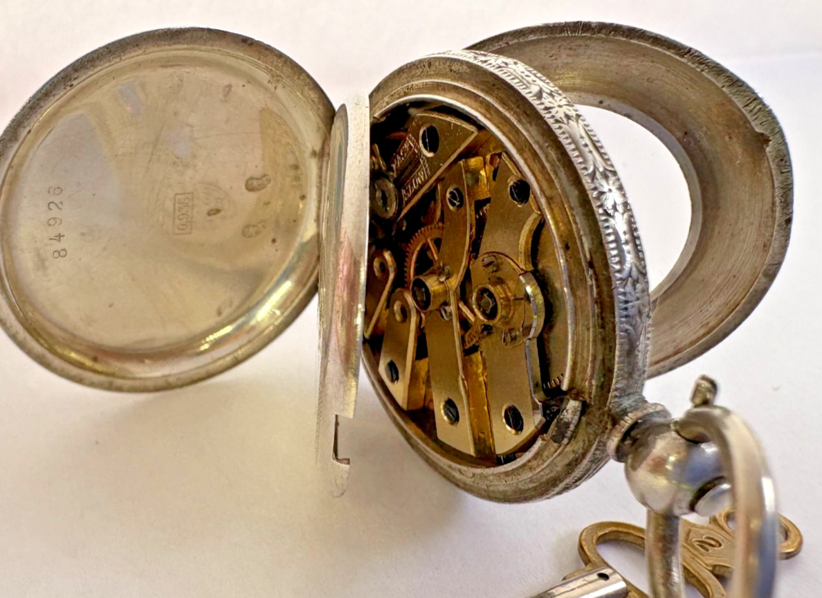 ANTIQUE 1880 VICTORIAN HAND PAINTED & HIGHLY ENGRAVED SILVER POCKET WATCH