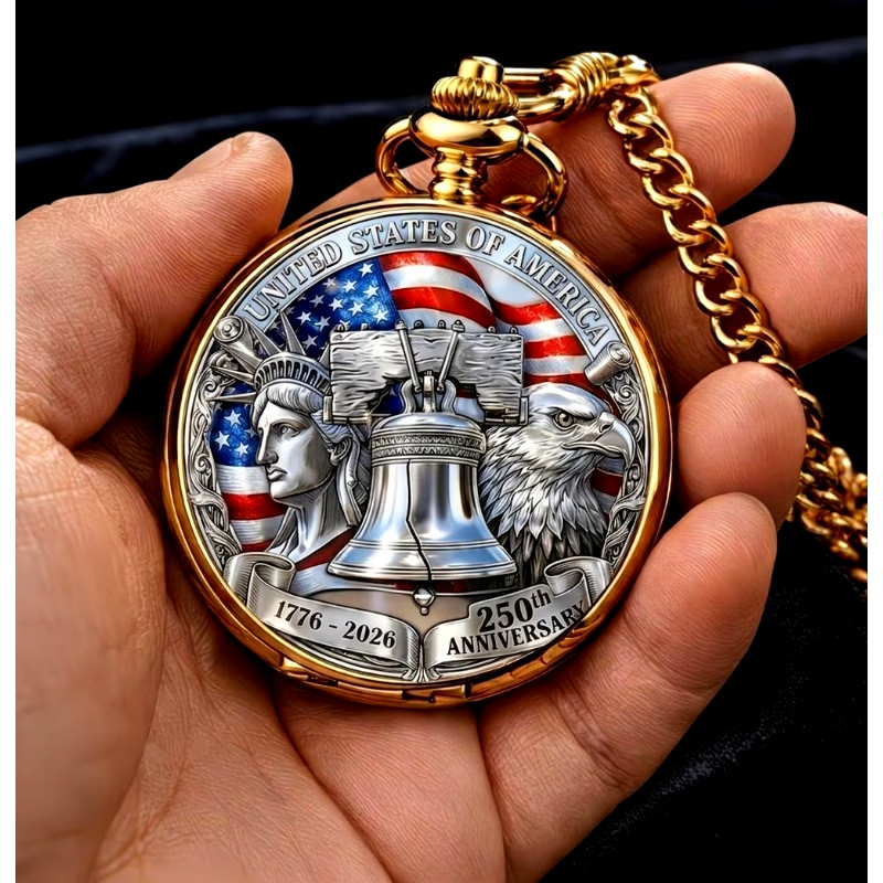 America 250Th Anniversary White Eagle Liberty Bell Pocket Watch Golden Chain New