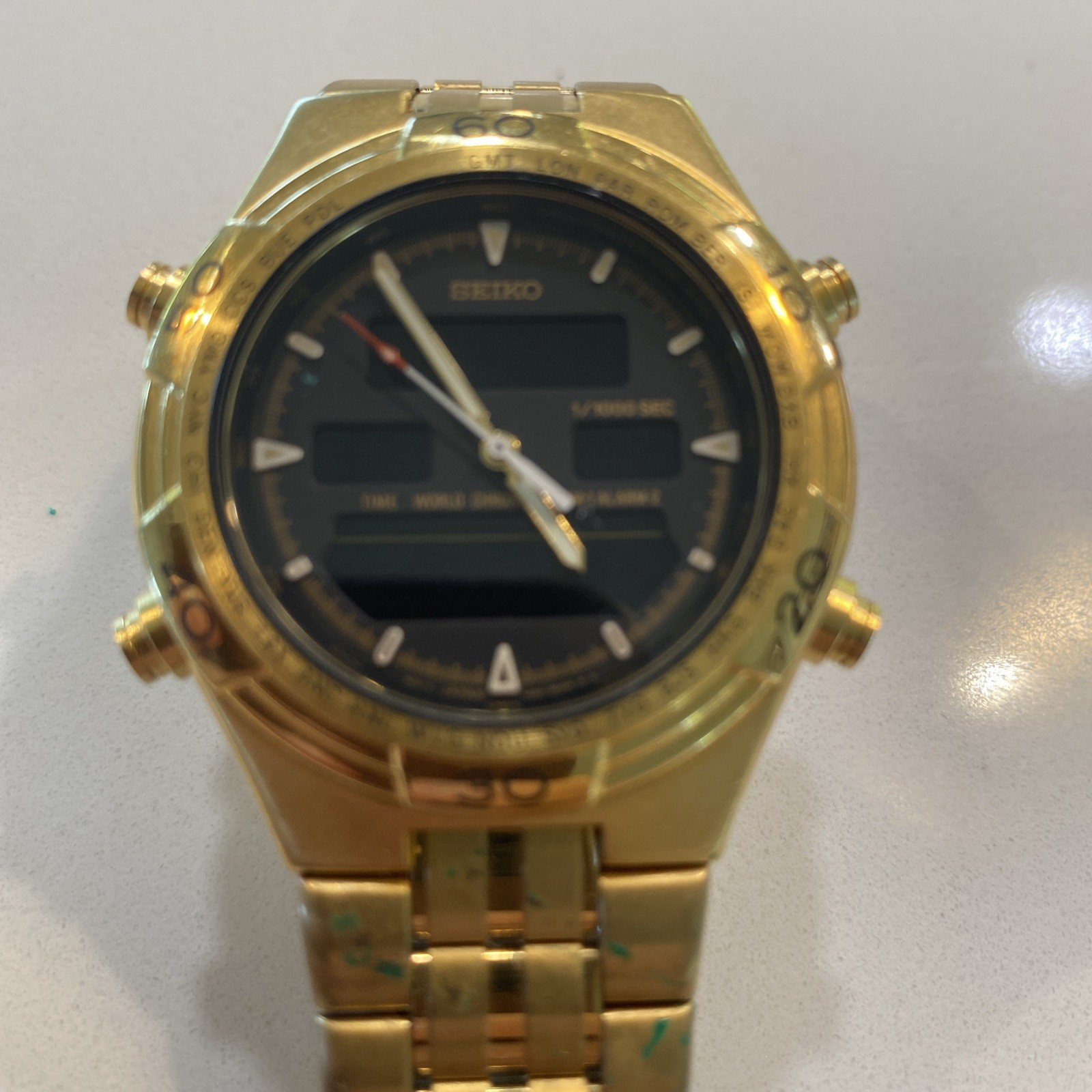 Seiko H021-8000 World Timer Ana-Digi Alarm Chronograph Gold Watch Needs Battery