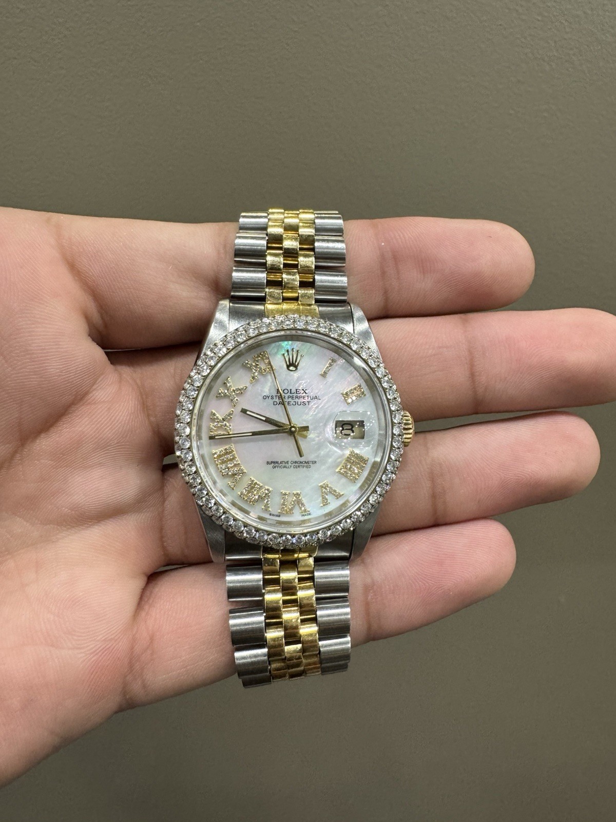 Rolex Datejust Two-Tone 18kt Bracelet White Roman Dial Diamond Bezel Date w/ Box