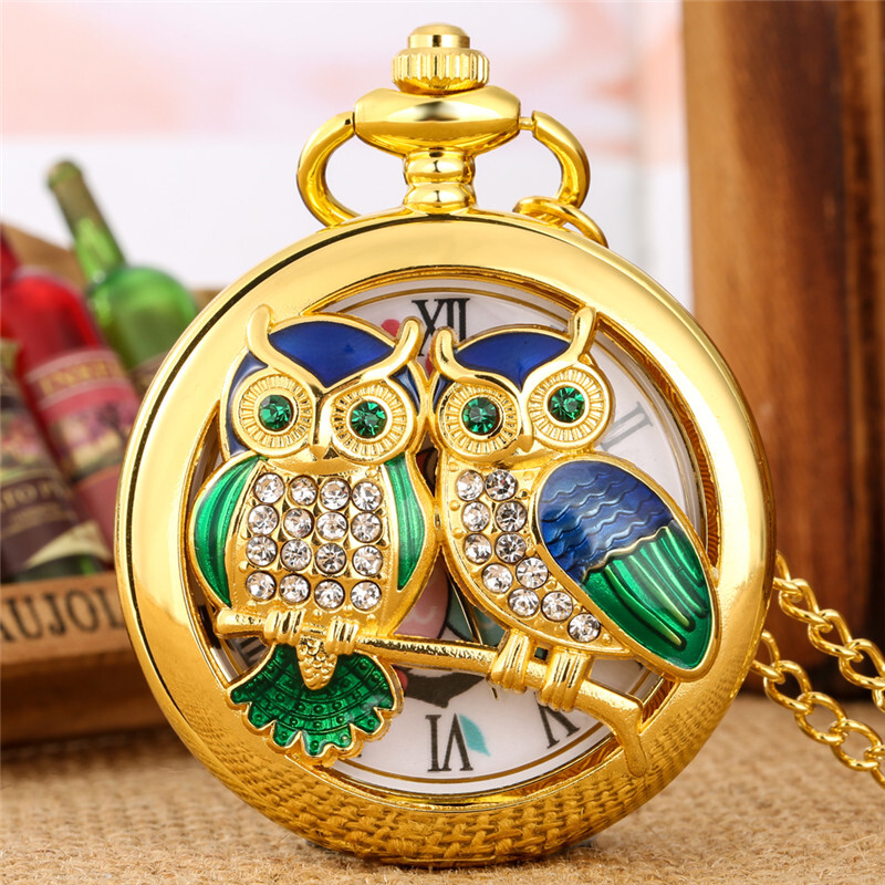 Diamond Handicraft Two Owls Pattern Quartz Pocket Watches for Women Men Gifts