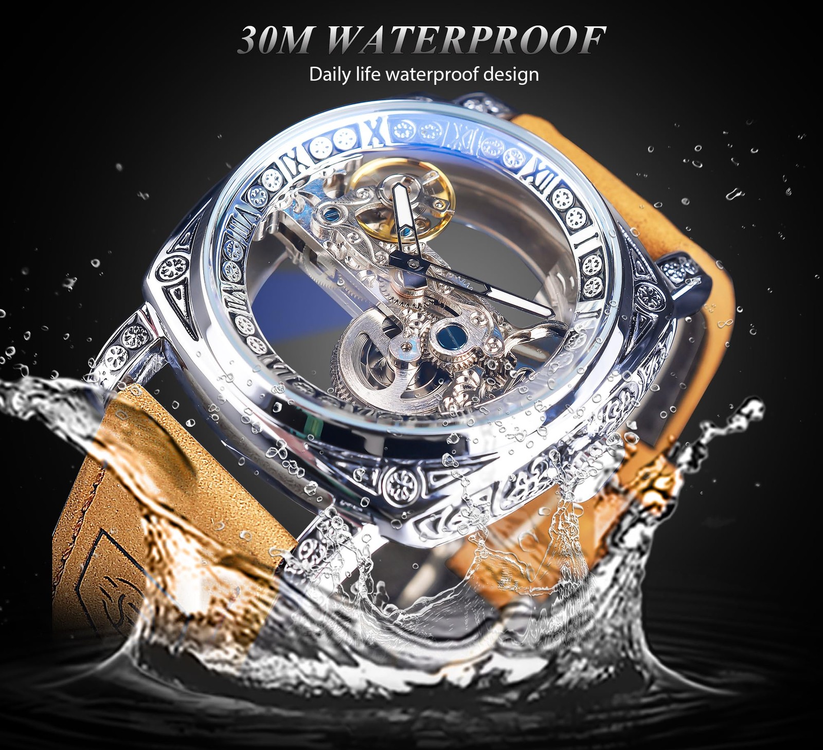 Men’s Luxury Square Carving Mechanical Watch, Retro Totem Double Sided Hollow…