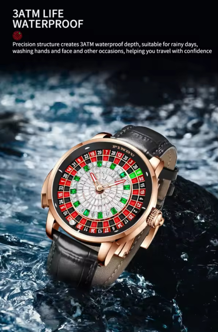 PINDU Men’s Automatic Watch 46mm Casino Roulette Leather + FREE 1 STRAP Watch