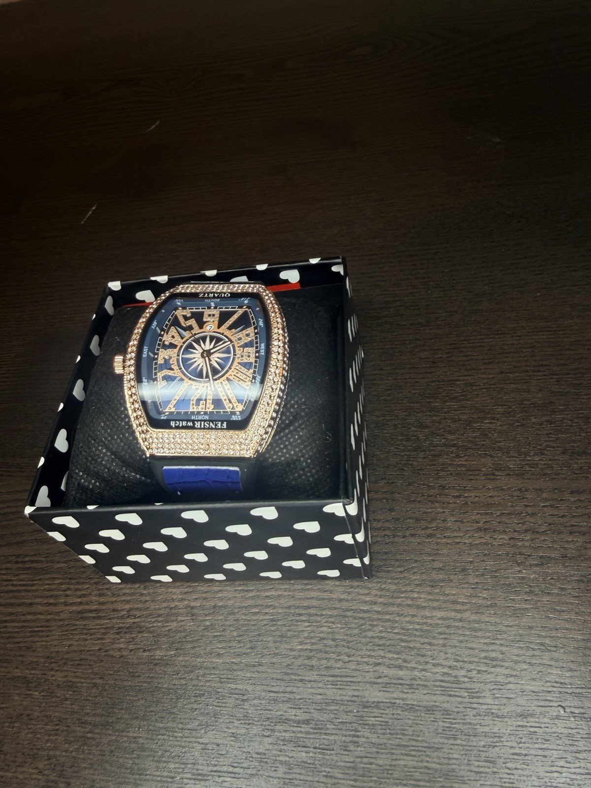 Fensir Luxury Quartz Wristwatch Blue Rubber Band Gold-Tone Tonneau Rhinestone